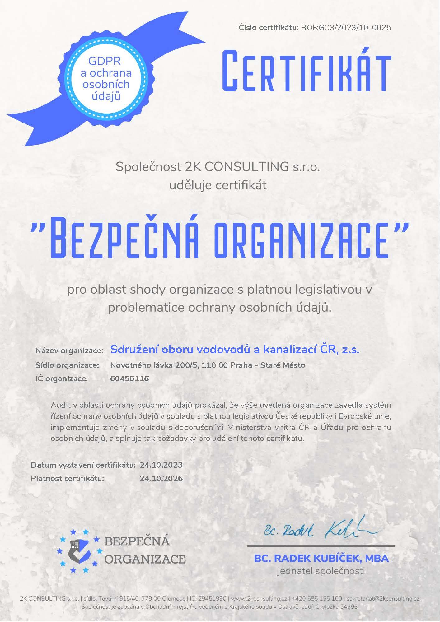 Certifikát Bezpečná organizace pro SOVAK ČR